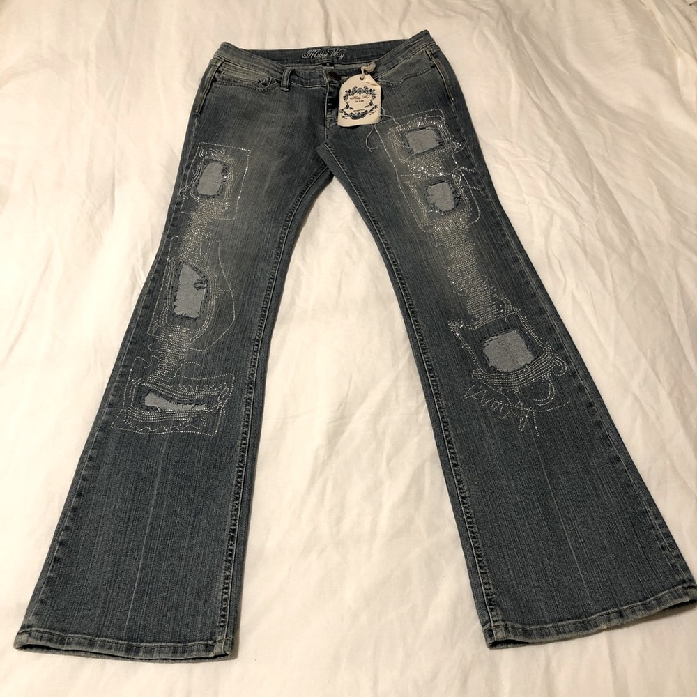 CLEARANCE New Milky Way Patched Rhinestone Embellished Size 9 Bootcut Jeans